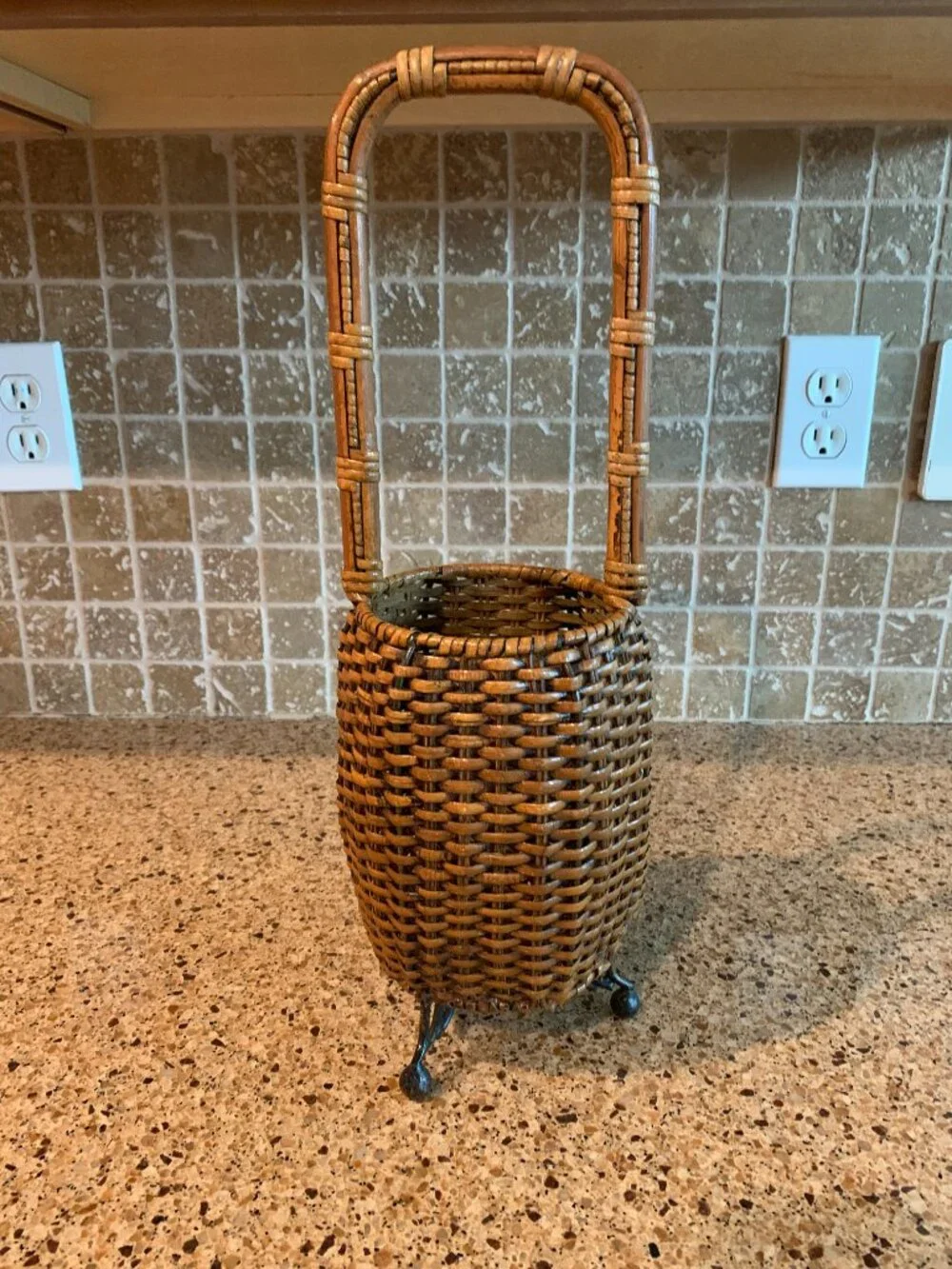 Woven Rattan and Bamboo Basket on 3 Footed Stand Vintage Ikebana Japanese Style
